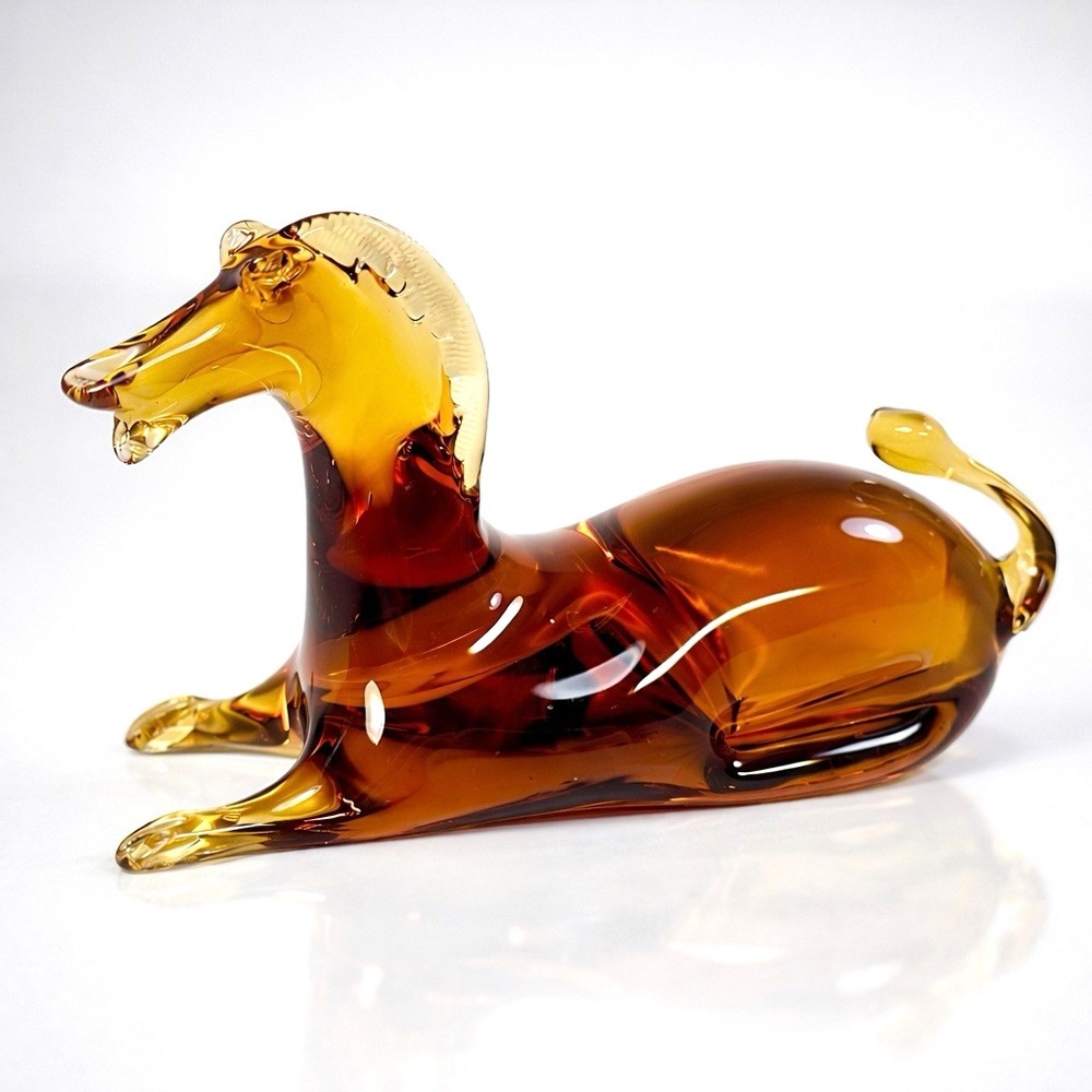 Vintage Amber Rainbow Glass Horse Figurine Resting‎ Mid Century Modern USA
